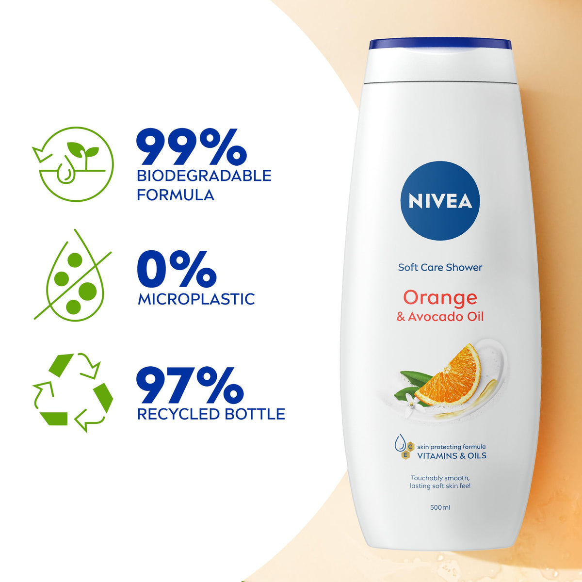 NIVEA Orange & Avocado Shower Cream 500ml - Moisturising Shower Gel with Avocado Oil & Vitamins C E - Caring Body Wash for Women - New