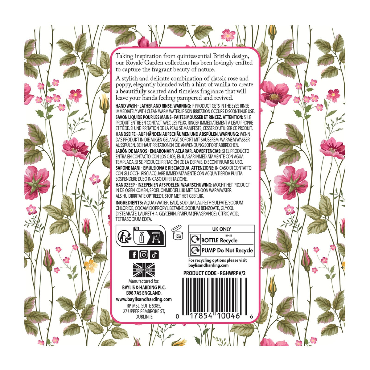 Baylis & Harding Royale Garden Luxury Hand Wash 500ml - 6 Pack Liquid Soap Refill Bulk Set - Damaged Box