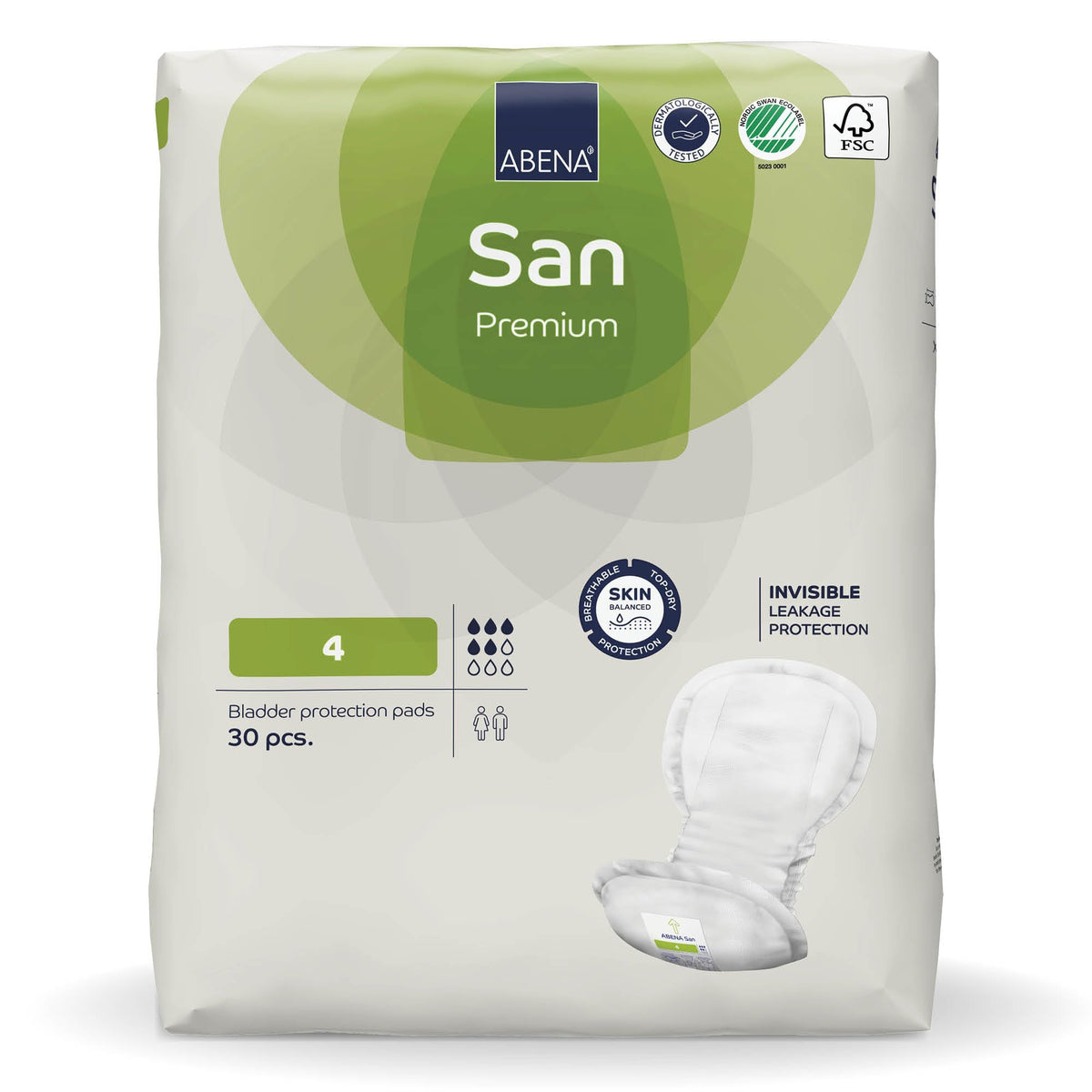 ABENA San Premium 4 Incontinence Pads - Shaped, Breathable, Fast Absorption, Discreet - 800ml - 30 Pack - Damaged Box