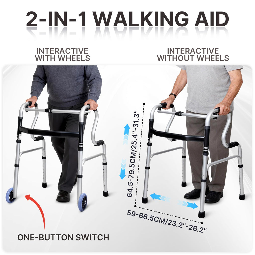 Foldable Walking Frame - Height Adjustable Aluminium Mobility Aid for Seniors - 2-in-1 Fixed & Reciprocal - Lightweight, Anti-Slip Grips - Damaged Box