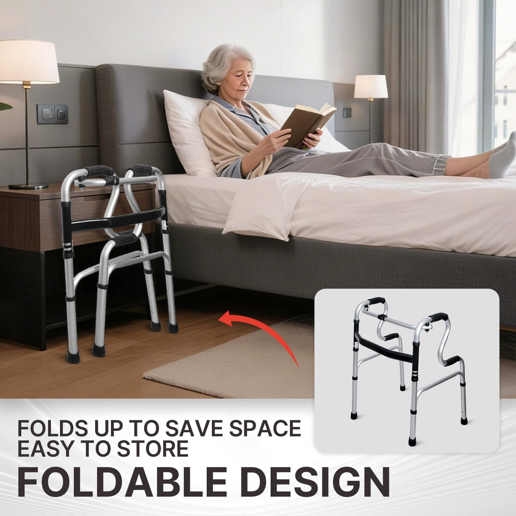 Foldable Walking Frame - Height Adjustable Aluminium Mobility Aid for Seniors - 2-in-1 Fixed & Reciprocal - Lightweight, Anti-Slip Grips - Damaged Box