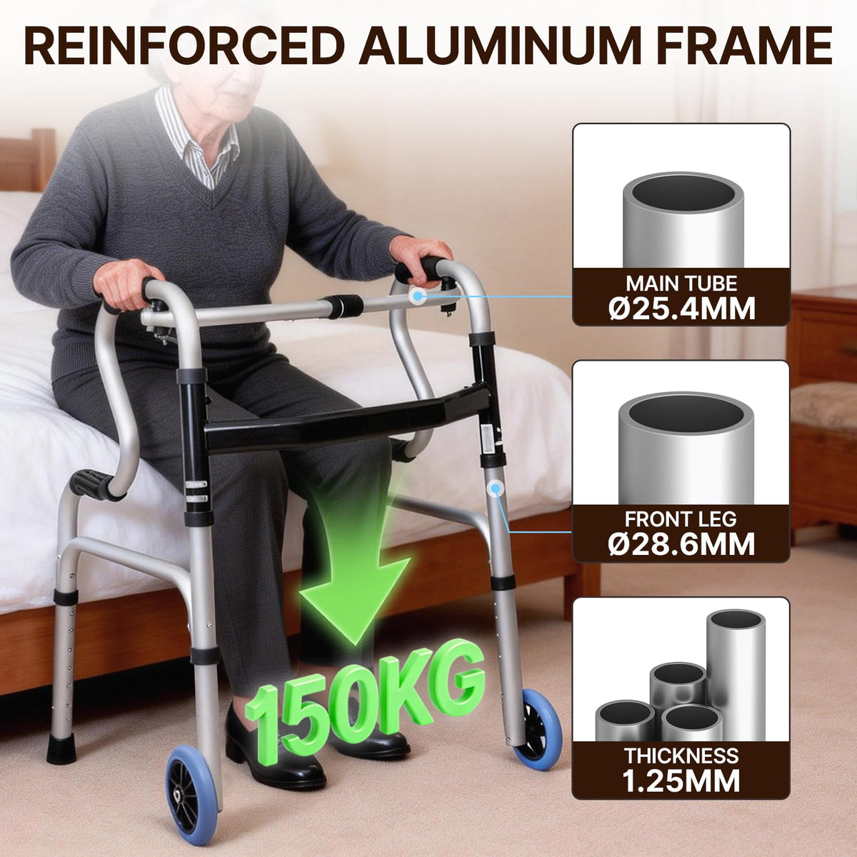 Foldable Walking Frame - Height Adjustable Aluminium Mobility Aid for Seniors - 2-in-1 Fixed & Reciprocal - Lightweight, Anti-Slip Grips - Damaged Box