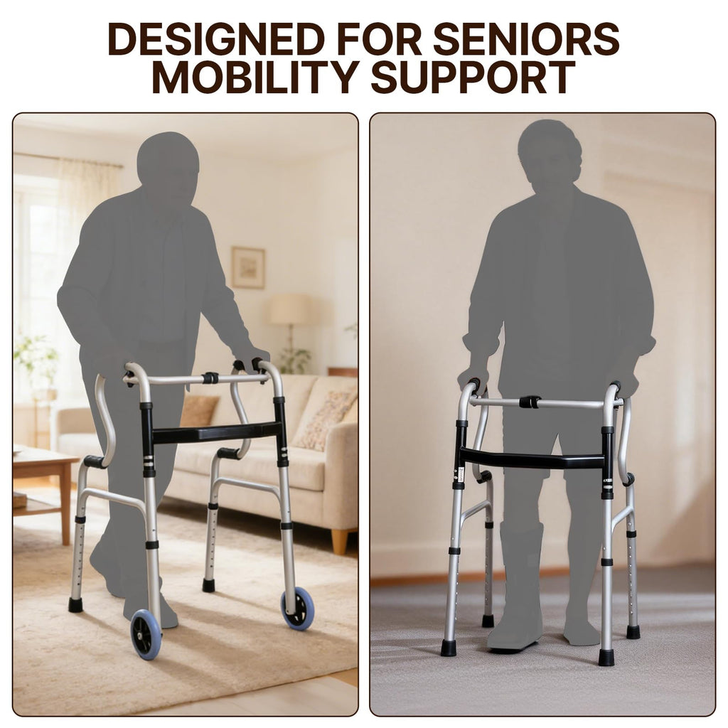 Foldable Walking Frame - Height Adjustable Aluminium Mobility Aid for Seniors - 2-in-1 Fixed & Reciprocal - Lightweight, Anti-Slip Grips - Damaged Box