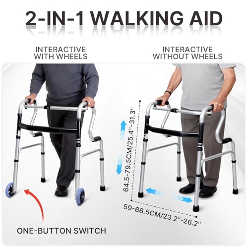 Foldable Walking Frame - Height Adjustable Aluminium Mobility Aid for Seniors - 2-in-1 Fixed & Reciprocal - Lightweight, Anti-Slip Grips - Damaged Box