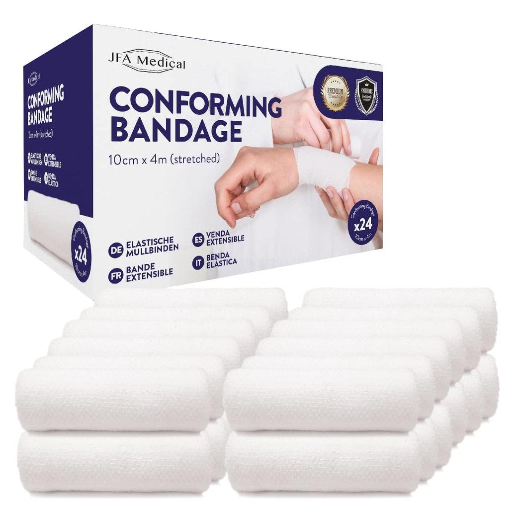 JFA Medical Conforming Bandage Gauze Roll 10cm x 4m - Box of 24 First Aid Wound Dressing - Damaged Box