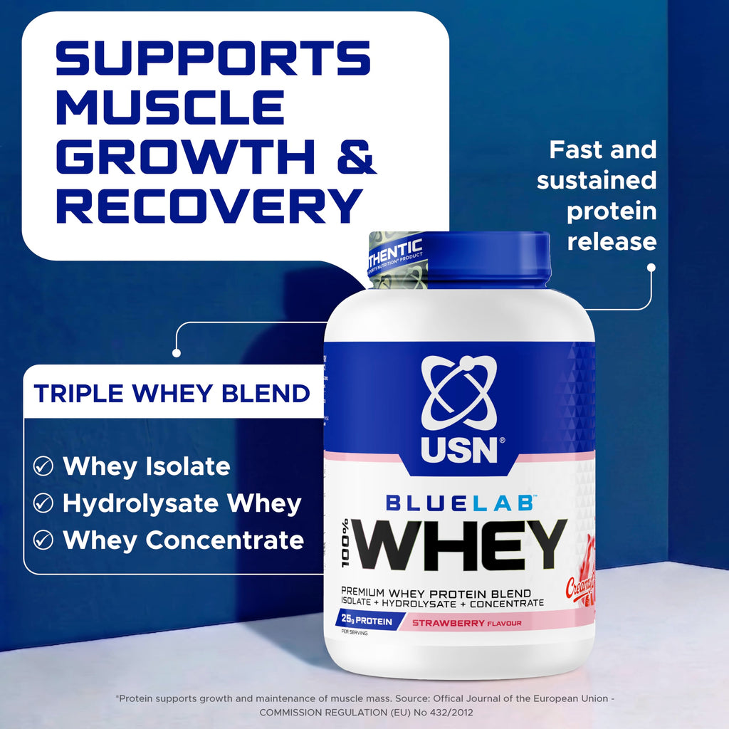 USN BlueLab 100% Whey Protein Powder - Strawberry Flavour - 908g - 26 Servings - Muscle Growth & Recovery - New - BBE 05/2028