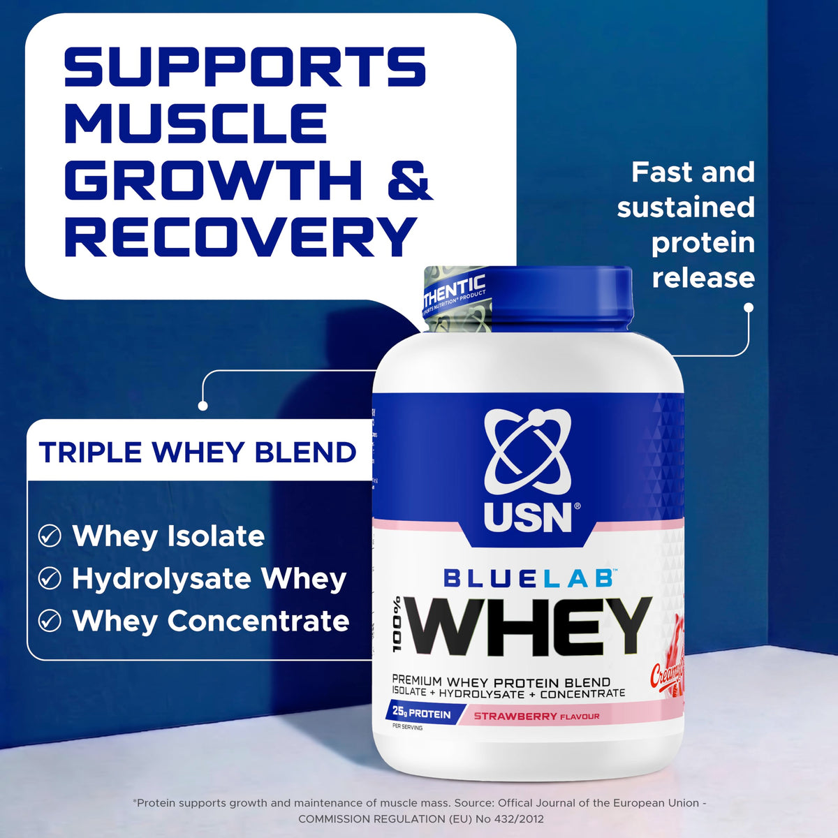 USN BlueLab 100% Whey Protein Powder - Strawberry Flavour - 908g - 26 Servings - Muscle Growth & Recovery - New - BBE 05/2028