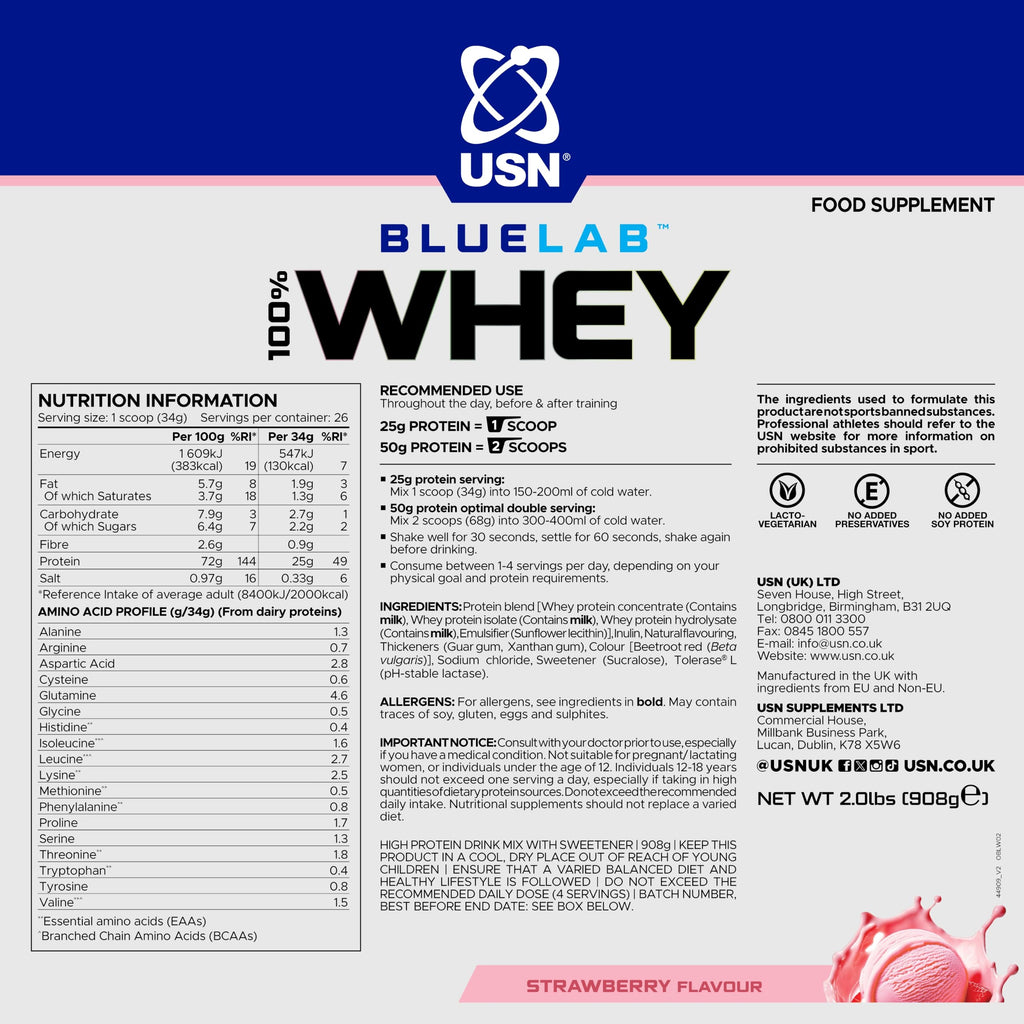 USN BlueLab 100% Whey Protein Powder - Strawberry Flavour - 908g - 26 Servings - Muscle Growth & Recovery - New - BBE 05/2028