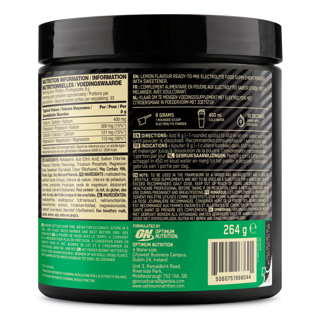 Optimum Nutrition Electrolyte Powder - Lemon - 264g - Sodium Magnesium Potassium - 33 Servings - Workout Supplement - New - BBE 05/2028