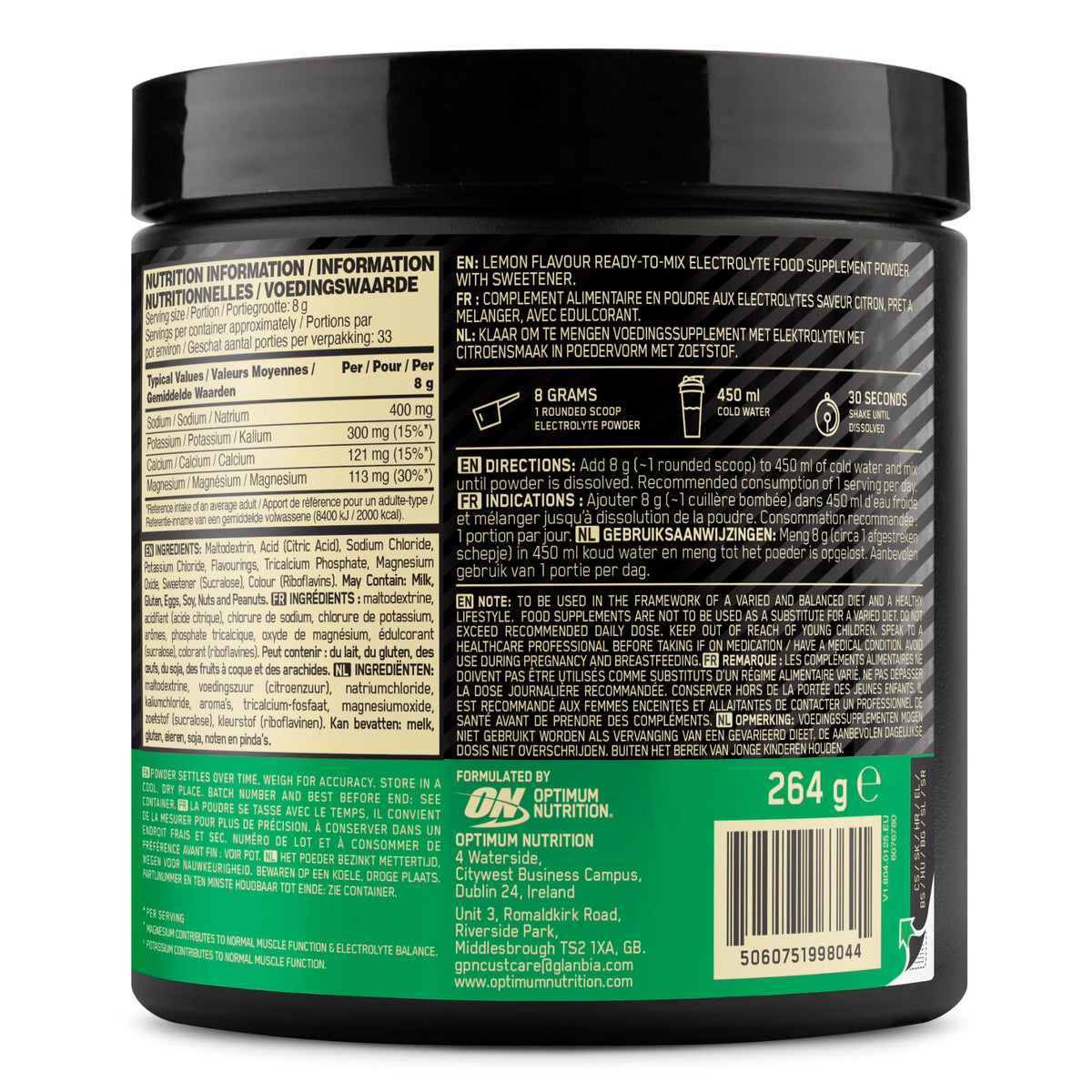 Optimum Nutrition Electrolyte Powder - Lemon - 264g - Sodium Magnesium Potassium - 33 Servings - Workout Supplement - New - BBE 05/2028