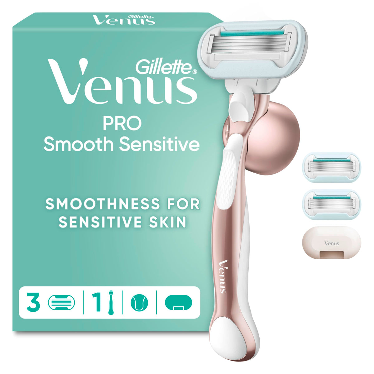 Gillette Venus Pro Smooth Sensitive Women's Razor - 1 Handle, 3 Refill Blades - 5-Blade System for Sensitive Skin - Damaged Box