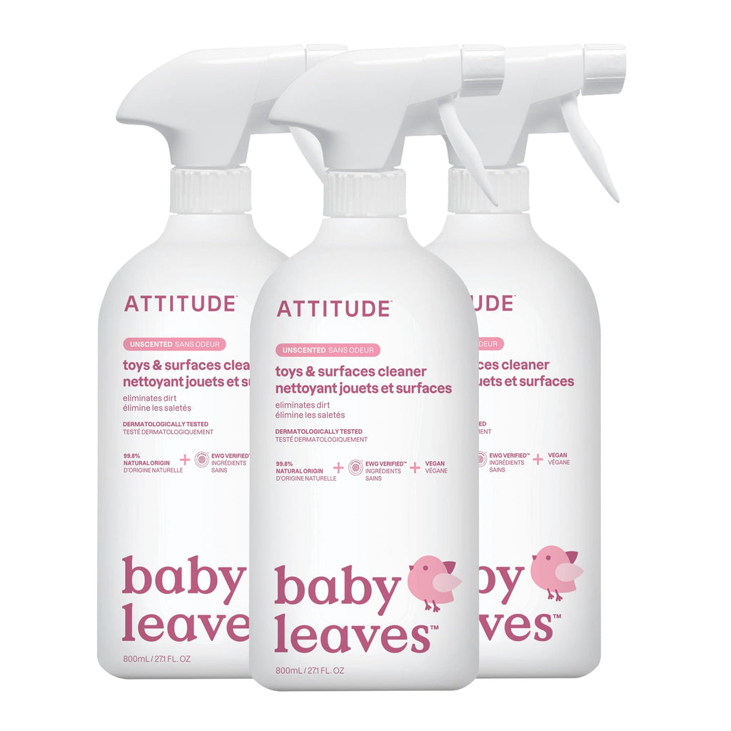 ATTITUDE Toy and Surface Cleaner - Unscented Baby Household Products - 800 mL Pack of 3 - EWG Verified Vegan Plant-Based - Damaged Box