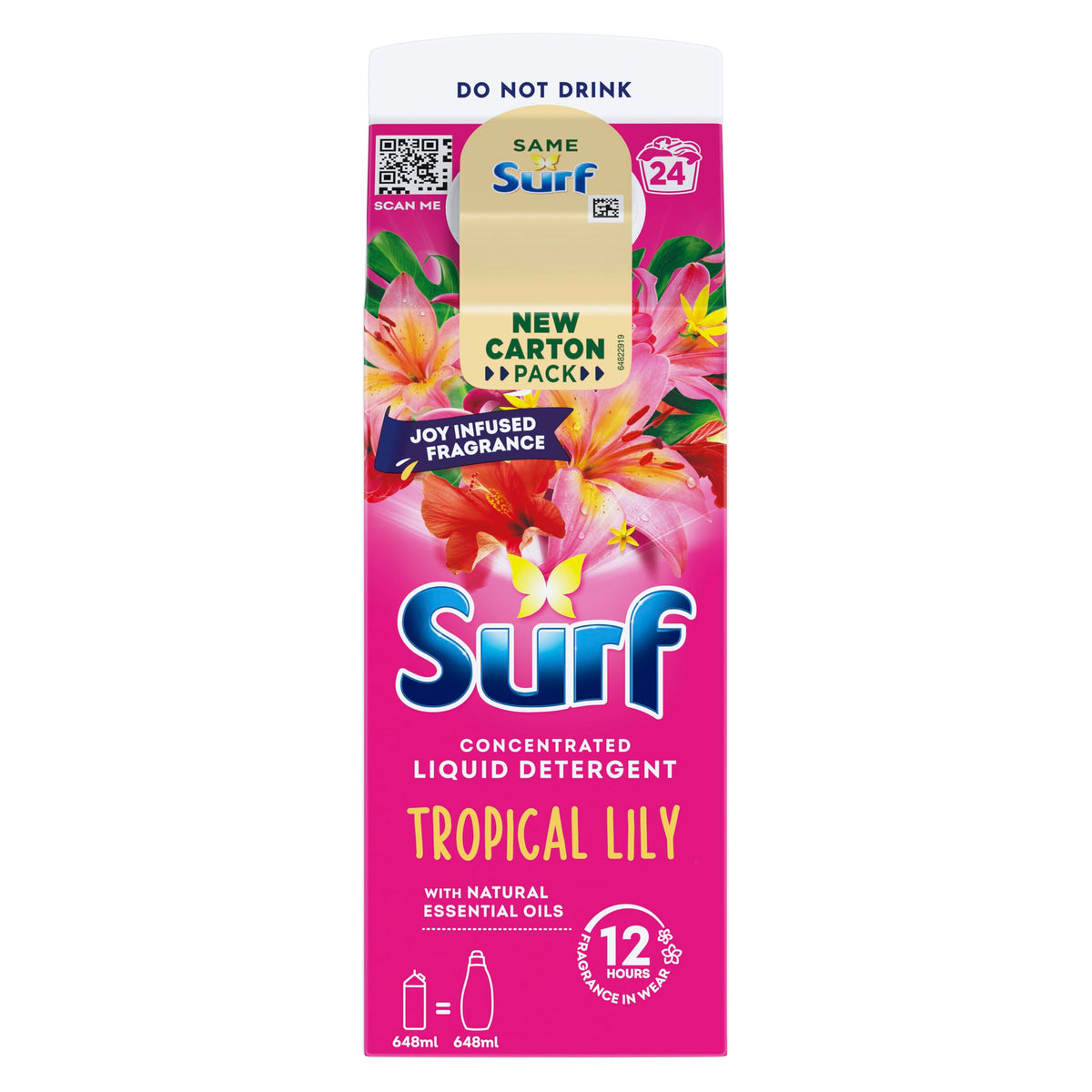 Surf Tropical Lily Laundry Washing Liquid Detergent 24 Washes 648ml - Joy-Infused Fragrance Essential Oils Clean Results - New