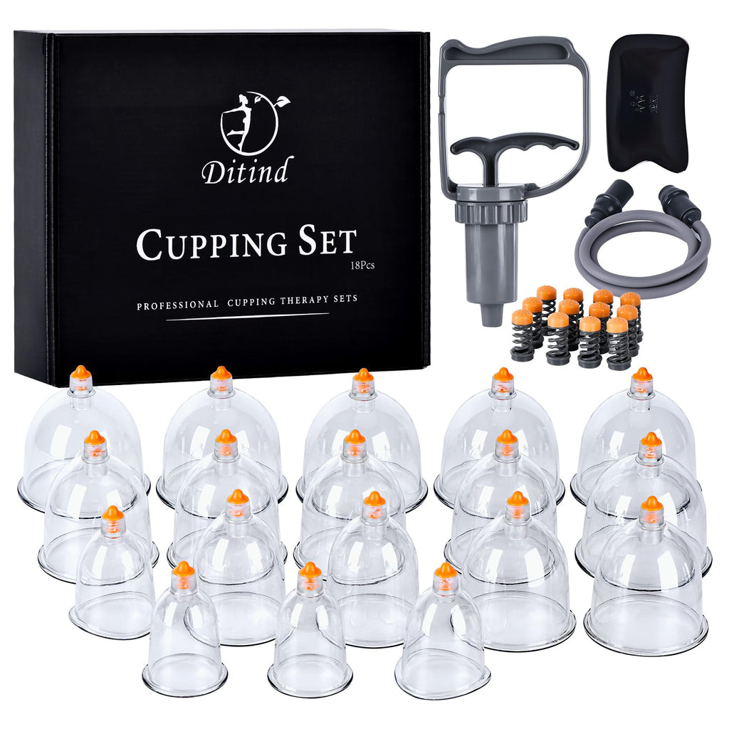 Ditind Cupping Therapy Set - 18 Pcs Vacuum Suction Cups - Acupoint Cellulite Muscle Pain Relief - Portable Case Pump - Damaged Box