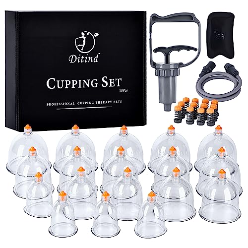 Ditind Cupping Therapy Set - 18 Pcs Vacuum Suction Cups - Acupoint Cellulite Muscle Pain Relief - Portable Case Pump - Damaged Box