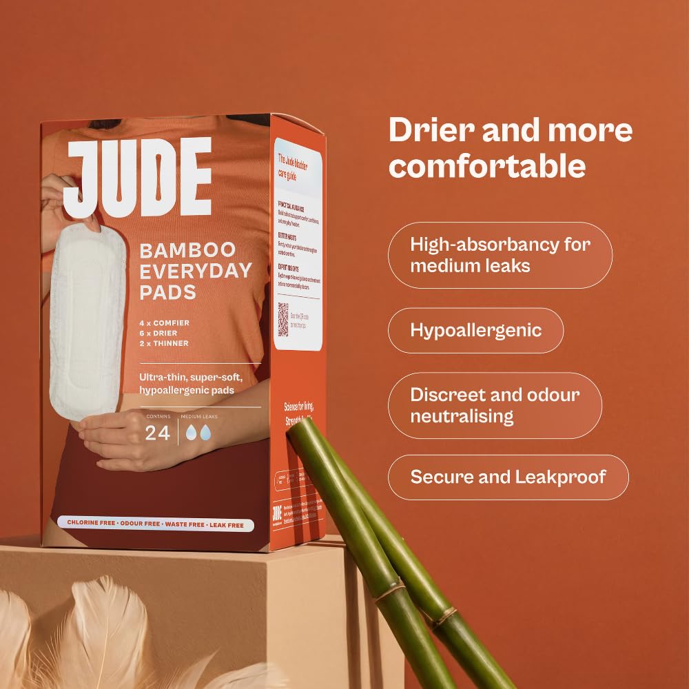 Jude Everyday Bamboo Incontinence Pads for Women - Medium Leaks, Ultra Thin, 96 Disposable Biodegradable Pads - New
