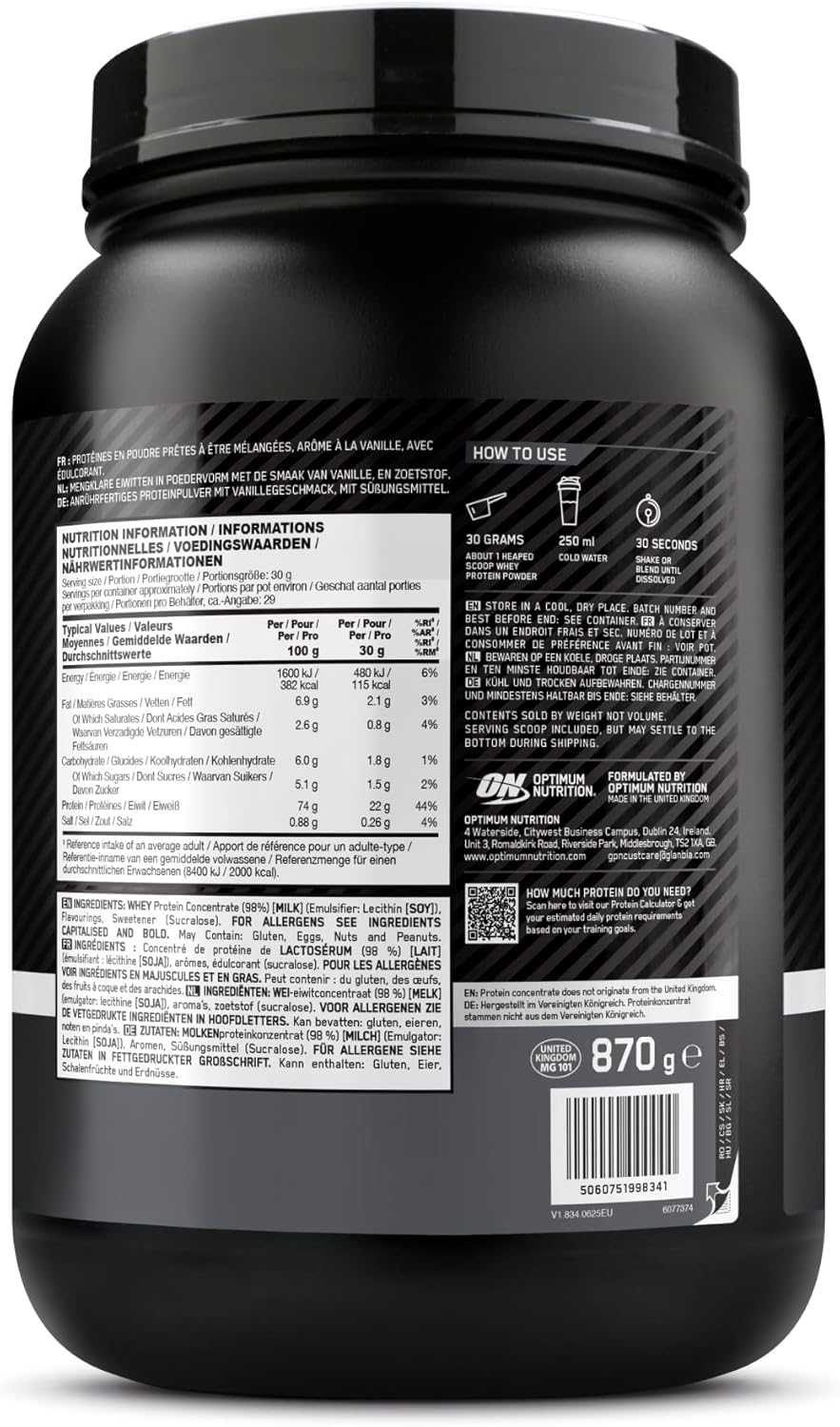 Optimum Nutrition Gold Standard 100% Whey Protein Powder Vanilla 870g - Muscle Growth & Maintenance Concentrate - New - BBE 03/2028