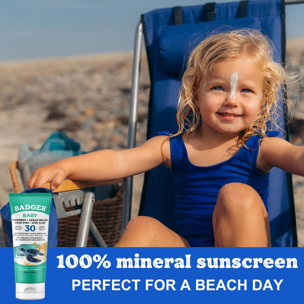 Badger Baby & Toddler Mineral Sunscreen SPF 30 - Broad Spectrum UVA/UVB - Chamomile Calendula - Water Resistant 87ml - New