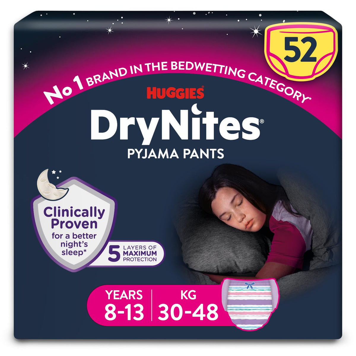 HUGGIES DryNites Girls Pyjama Pants 8-13 Years (30-48kg) 52 Pack Bedwetting Nappies Leak Free - New