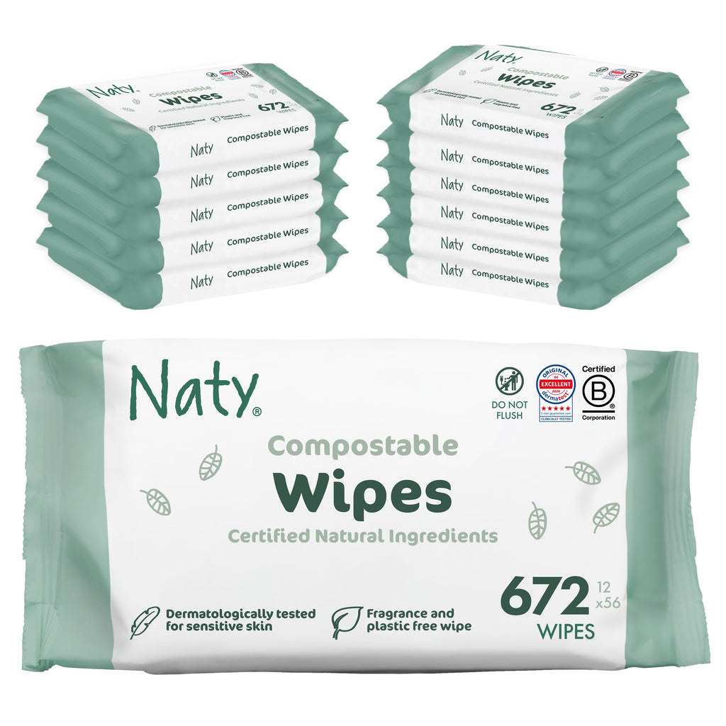 Naty Baby Wipes for Sensitive Skin - 98% Water - 672 Count - 12 Packs - Eco-Friendly Plant-Based Newborn Wipes - Like New