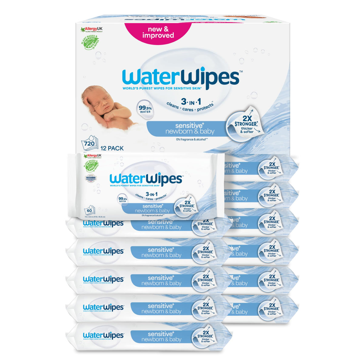 WaterWipes Sensitive+ Newborn & Baby Wipes - 99.9% Water, Unscented - 12 Pack Bulk Multipack - BBE 02/2028