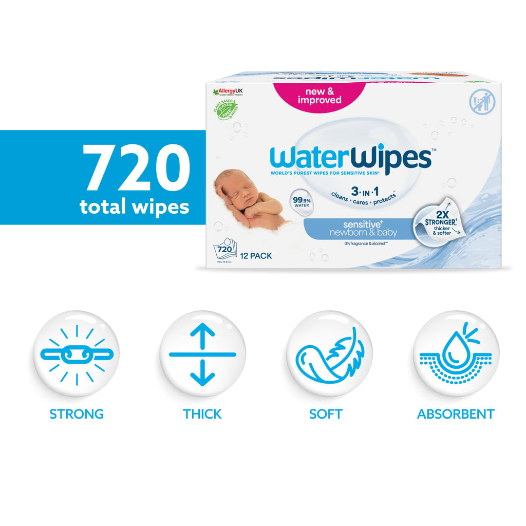 WaterWipes Sensitive+ Newborn & Baby Wipes - 99.9% Water, Unscented - 12 Pack Bulk Multipack - BBE 02/2028