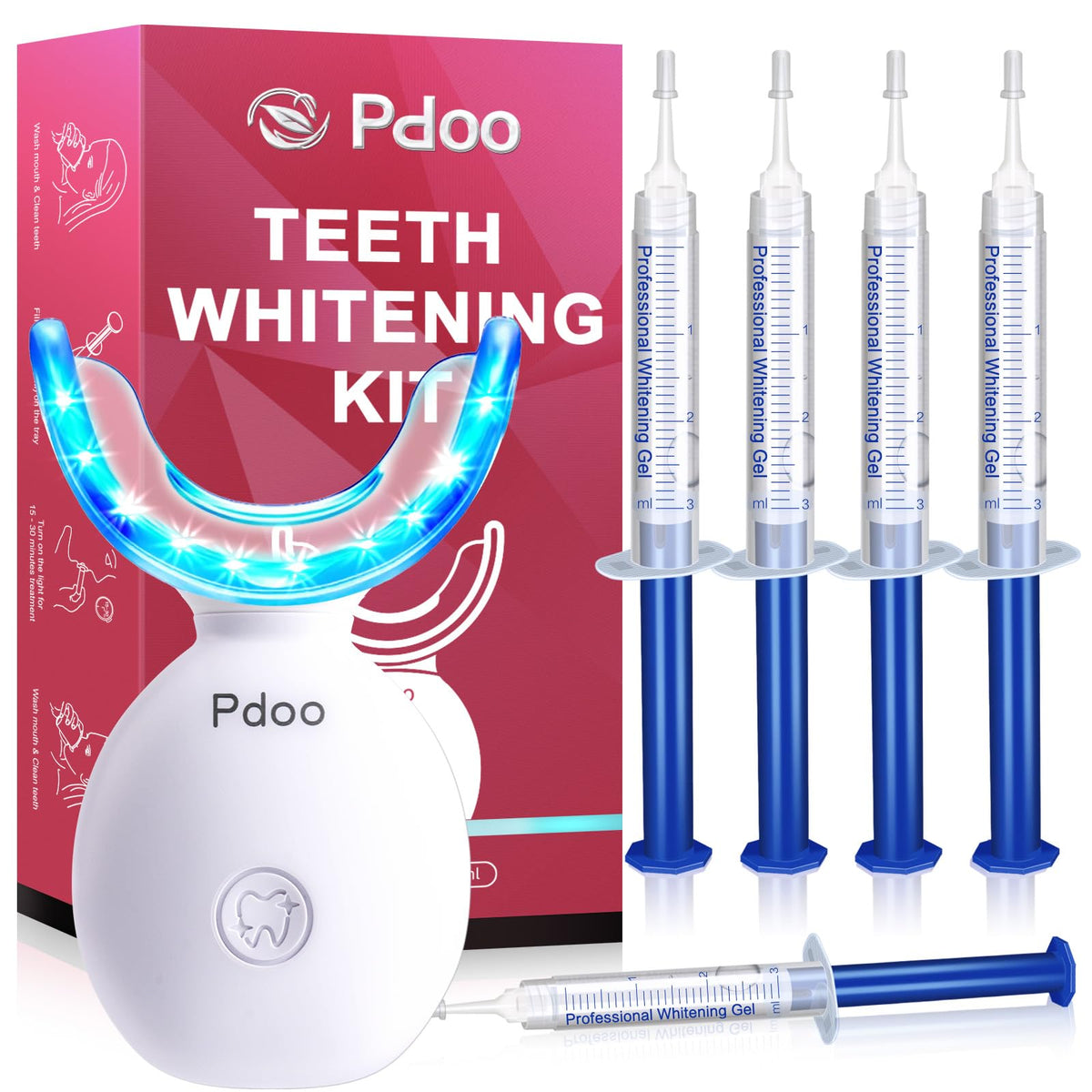 Teeth Whitening Kit with LED Light - 5 Gels - Wireless, Water-Resistant - Gentle for Sensitive Teeth - Home Use Stain Remover - Like New - BBE 03/2029