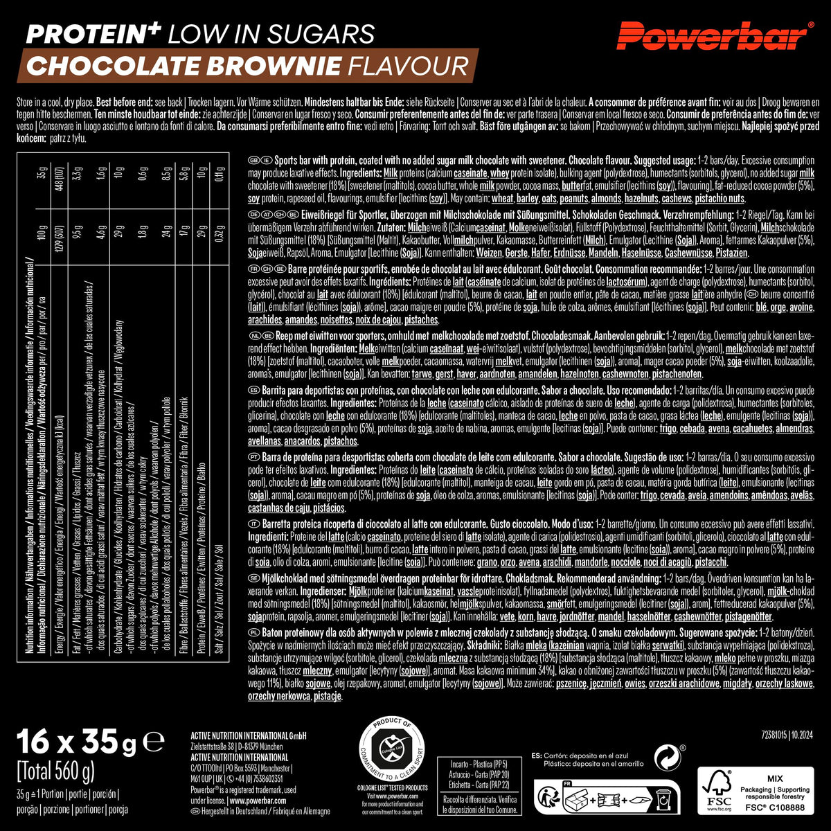 Powerbar Protein Plus Low Sugar Bar - Chocolate Brownie - 16x 35g - High Protein Snack Bar - New - BBE 04/2026