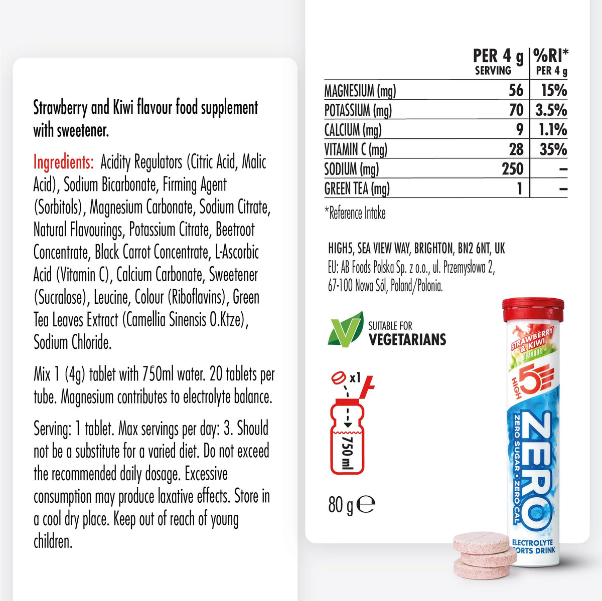 HIGH5 Zero Electrolyte Tablets - Hydration Drink Tabs - Strawberry & Kiwi - 8x 20 Tabs - 160 Tablets Total - Damaged Box - BBE 12/2027