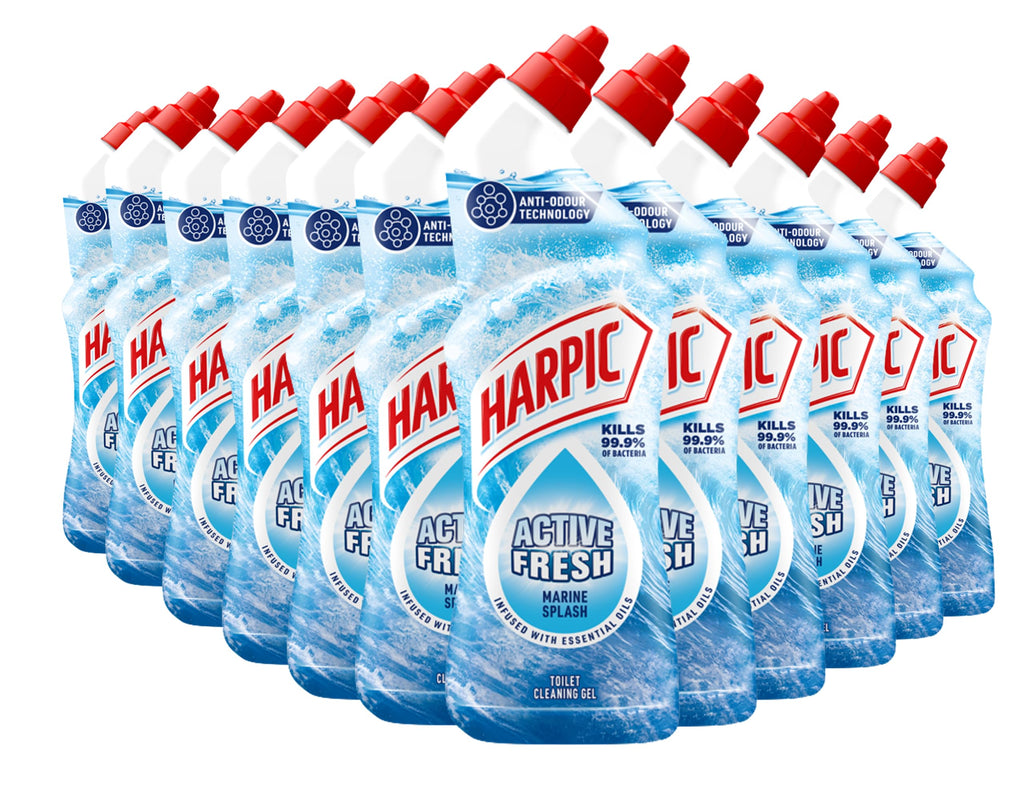 Harpic Active Fresh Toilet Cleaning Gel - Marine Splash - 12 x 750ml - Kills 99.9% Bacteria - Essential Oils Toilet Cleaner - Damaged Box - BBE 06/2027