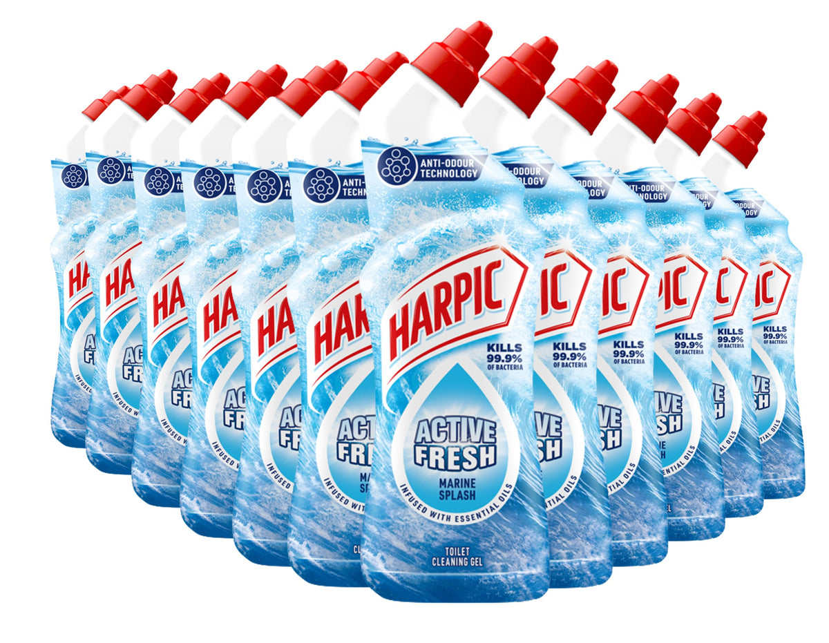 Harpic Active Fresh Toilet Cleaning Gel - Marine Splash - 12 x 750ml - Kills 99.9% Bacteria - Essential Oils Toilet Cleaner - Damaged Box - BBE 06/2027
