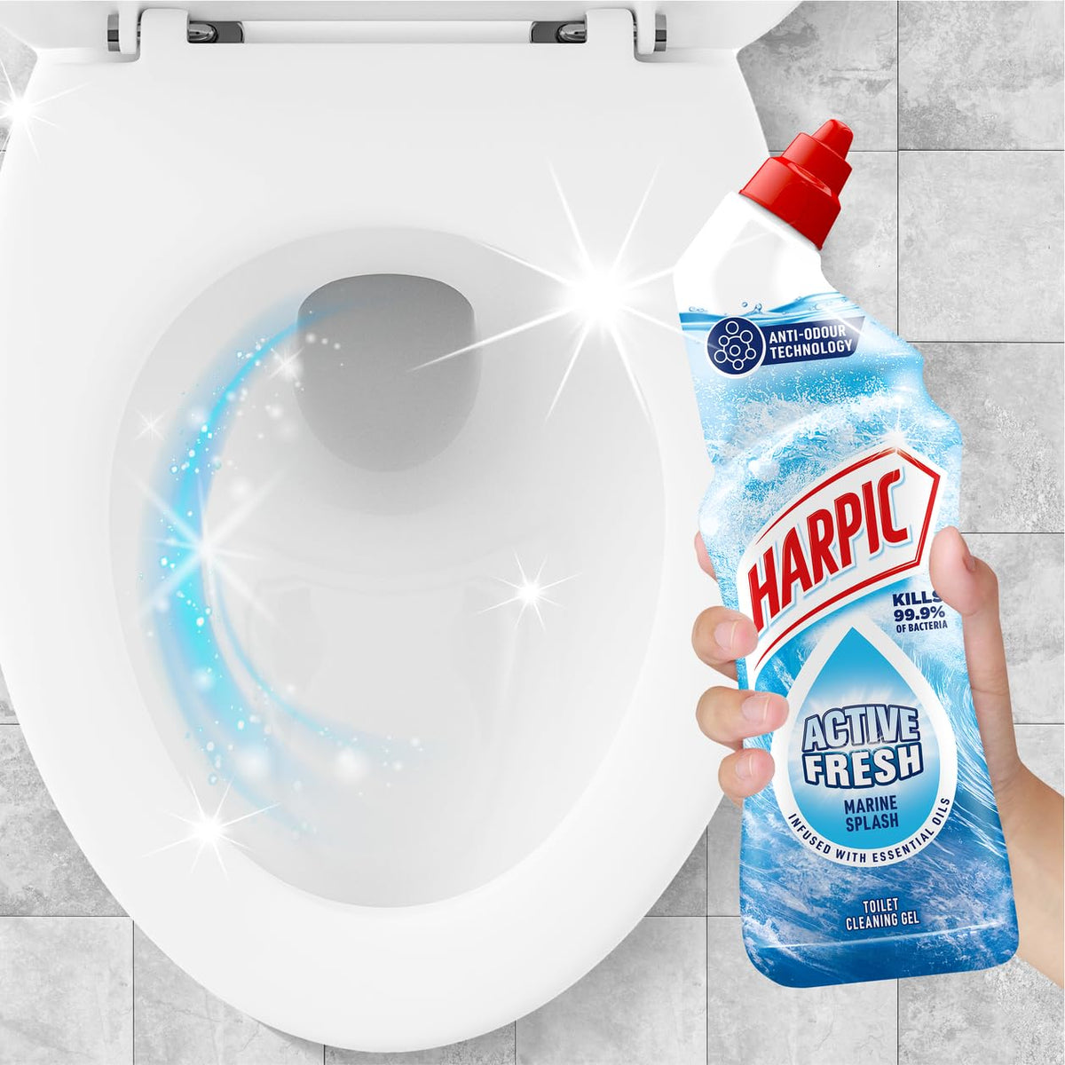 Harpic Active Fresh Toilet Cleaning Gel - Marine Splash - 12 x 750ml - Kills 99.9% Bacteria - Essential Oils Toilet Cleaner - Damaged Box - BBE 06/2027