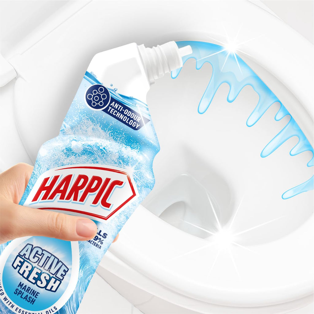 Harpic Active Fresh Toilet Cleaning Gel - Marine Splash - 12 x 750ml - Kills 99.9% Bacteria - Essential Oils Toilet Cleaner - Damaged Box - BBE 06/2027