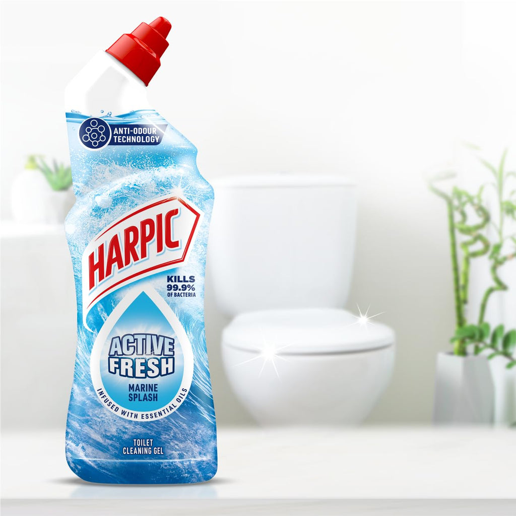 Harpic Active Fresh Toilet Cleaning Gel - Marine Splash - 12 x 750ml - Kills 99.9% Bacteria - Essential Oils Toilet Cleaner - Damaged Box - BBE 06/2027
