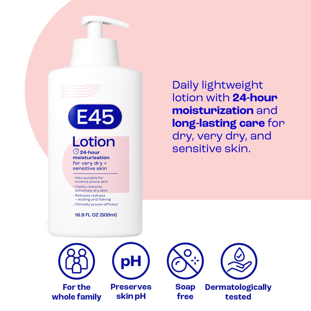E45 Moisturising Lotion 500ml - Dry & Sensitive Skin Body Moisturiser - Daily Hydration, Reduce Redness - Damaged Box - BBE 04/2029