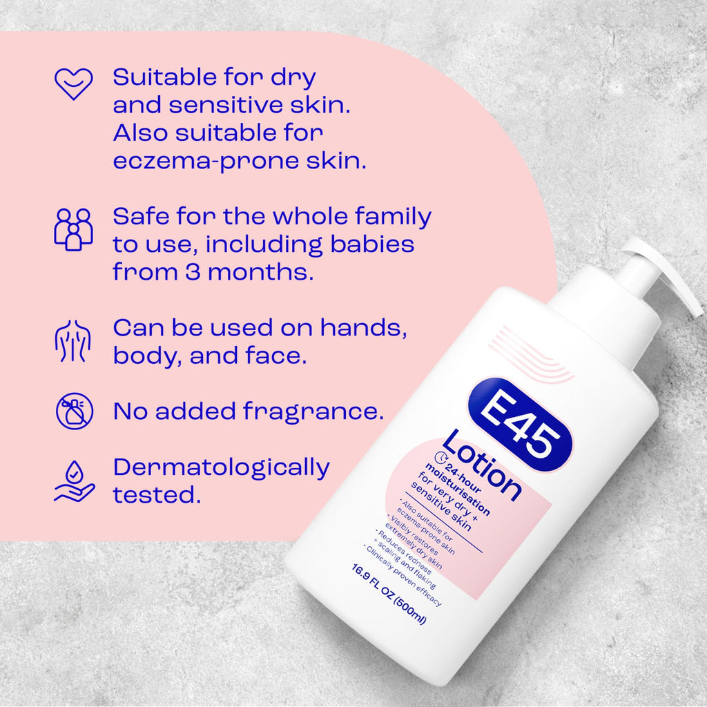 E45 Moisturising Lotion 500ml - Dry & Sensitive Skin Body Moisturiser - Daily Hydration, Reduce Redness - Damaged Box - BBE 04/2029