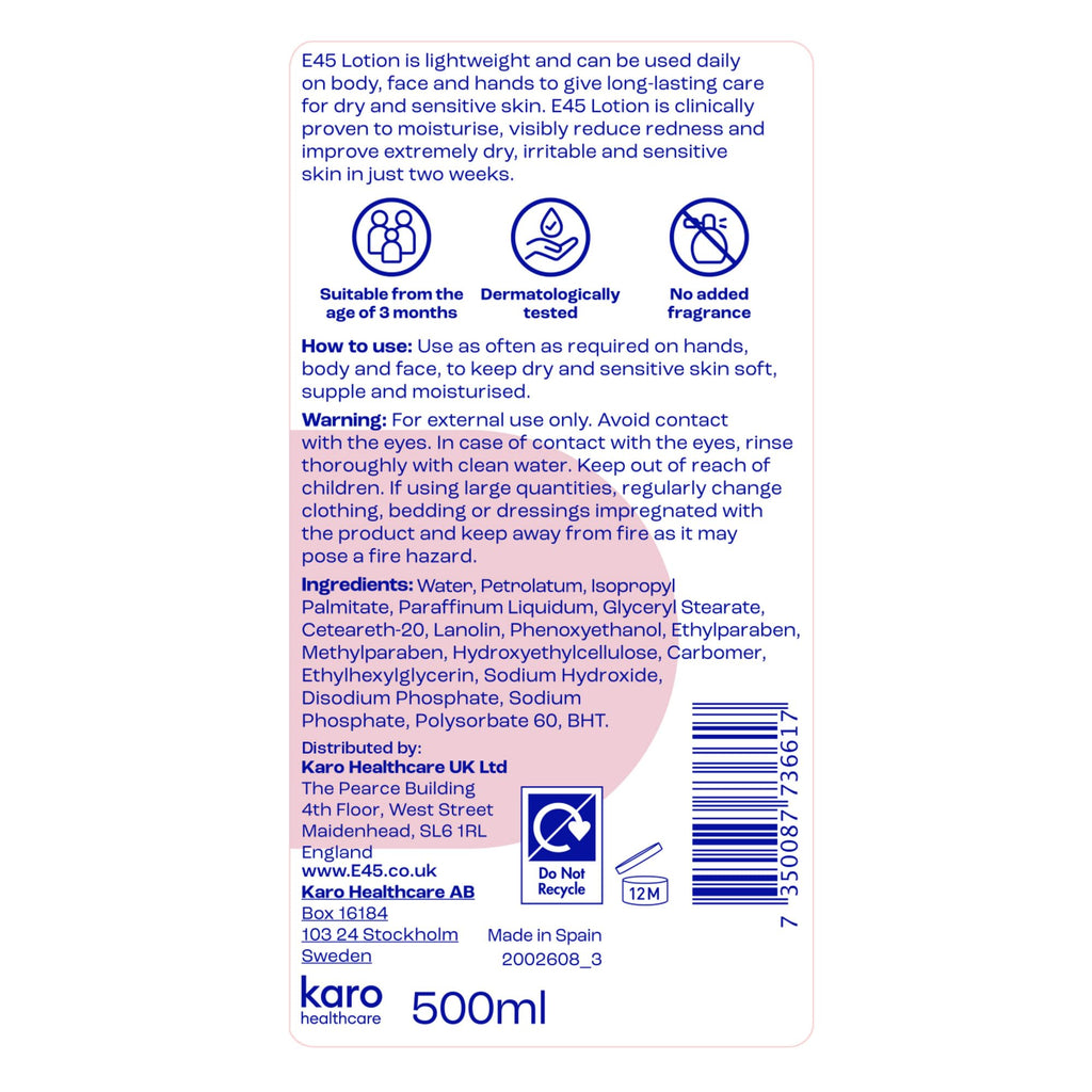 E45 Moisturising Lotion 500ml - Dry & Sensitive Skin Body Moisturiser - Daily Hydration, Reduce Redness - Damaged Box - BBE 04/2029