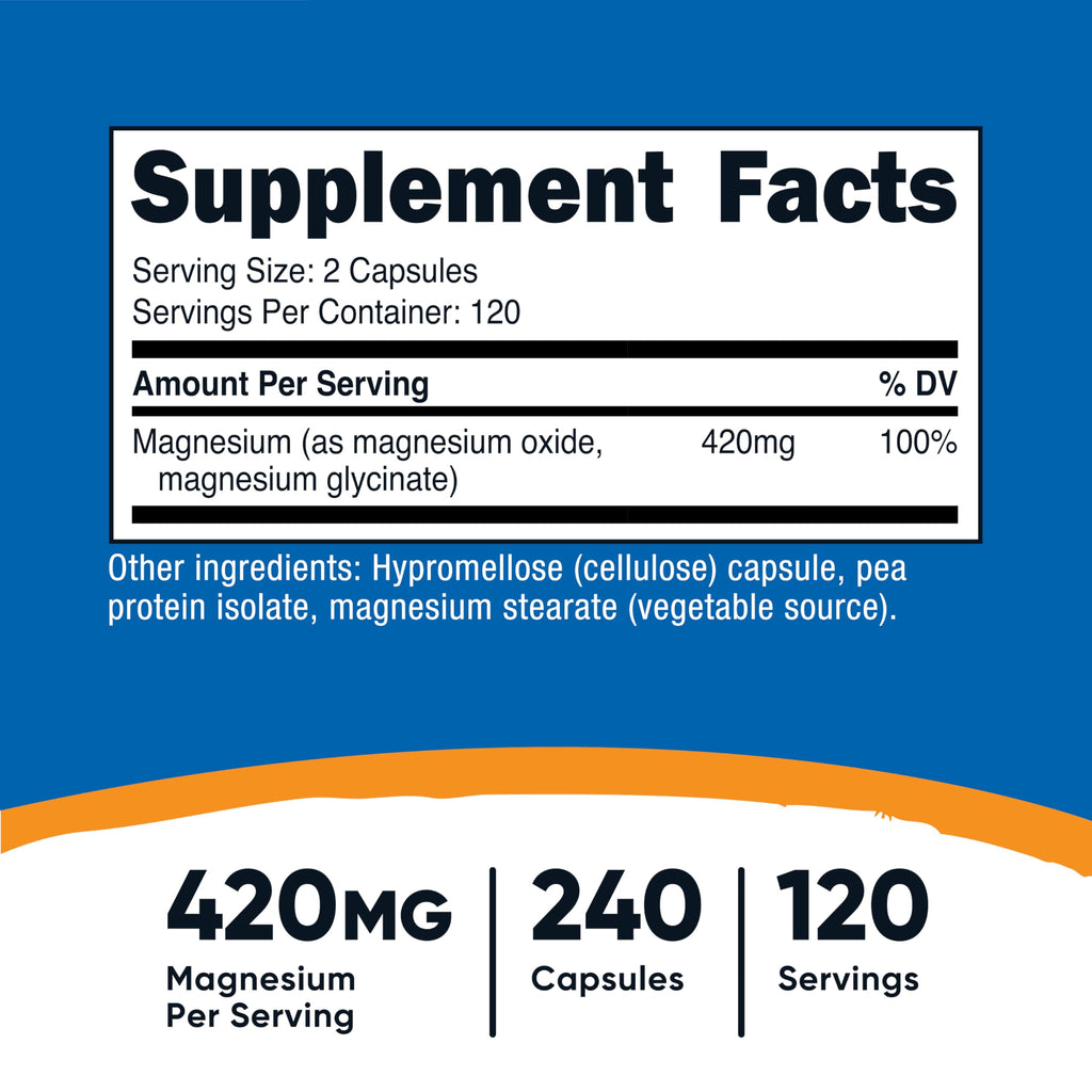 Nutricost Magnesium+ Extra Strength 420mg 240 Capsules - Magnesium Oxide Glycinate Non-GMO Vegan Friendly Supplement - New - BBE 09/2026