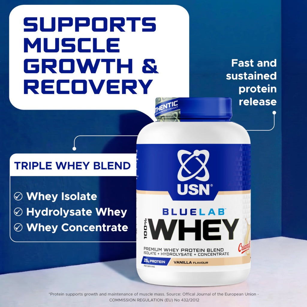 USN BlueLab 100% Whey Protein Powder - Vanilla - 2kg - 58 Servings - High Protein Shake - Muscle Growth & Recovery - New - BBE 07/2028