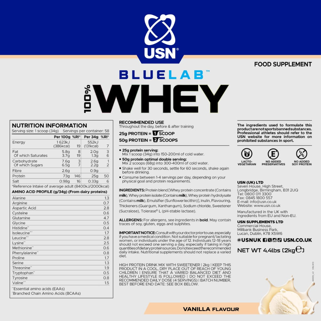 USN BlueLab 100% Whey Protein Powder - Vanilla - 2kg - 58 Servings - High Protein Shake - Muscle Growth & Recovery - New - BBE 07/2028