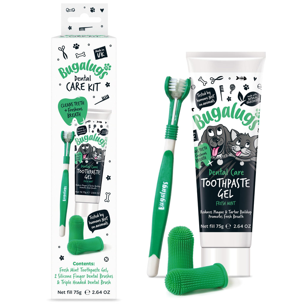 Bugalugs Dental Care Kit - Dog & Cat Toothpaste, 2 Finger Toothbrushes, Plaque Removal, Fresh Breath - Very Good - BBE 01/2028