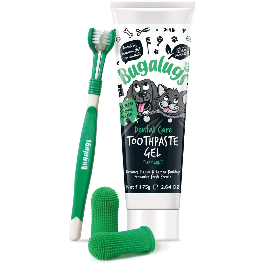 Bugalugs Dental Care Kit - Dog & Cat Toothpaste, 2 Finger Toothbrushes, Plaque Removal, Fresh Breath - Very Good - BBE 01/2028