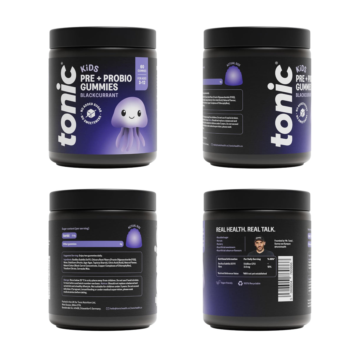 Tonic Health Kids Prebio & Probio Gummies - Blackcurrant - 60 Count - Vegan - Gut & Immune Health - Ages 3-12 - No Added Sugar - New - BBE 07/2027
