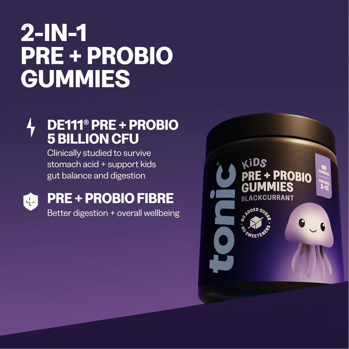 Tonic Health Kids Prebio & Probio Gummies - Blackcurrant - 60 Count - Vegan - Gut & Immune Health - Ages 3-12 - No Added Sugar - New - BBE 07/2027