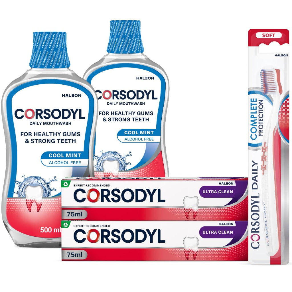 Corsodyl Gum Care Bundle - 2x Ultra Clean Toothpaste, 2x Daily Mouthwash Cool Mint 500ml, 1x Soft Toothbrush Set - Like New - BBE 01/2027
