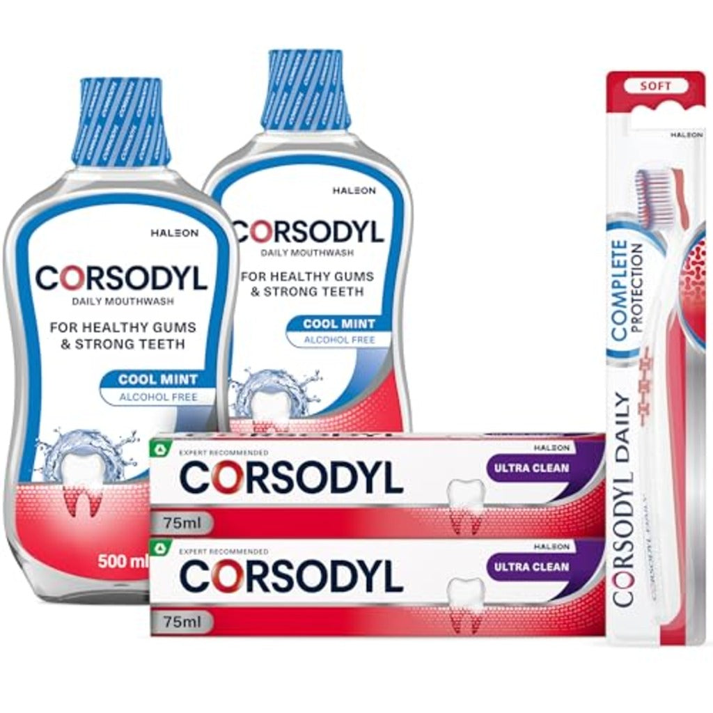 Corsodyl Gum Care Bundle - 2x Ultra Clean Toothpaste, 2x Daily Mouthwash Cool Mint 500ml, 1x Soft Toothbrush Set - Like New - BBE 01/2027