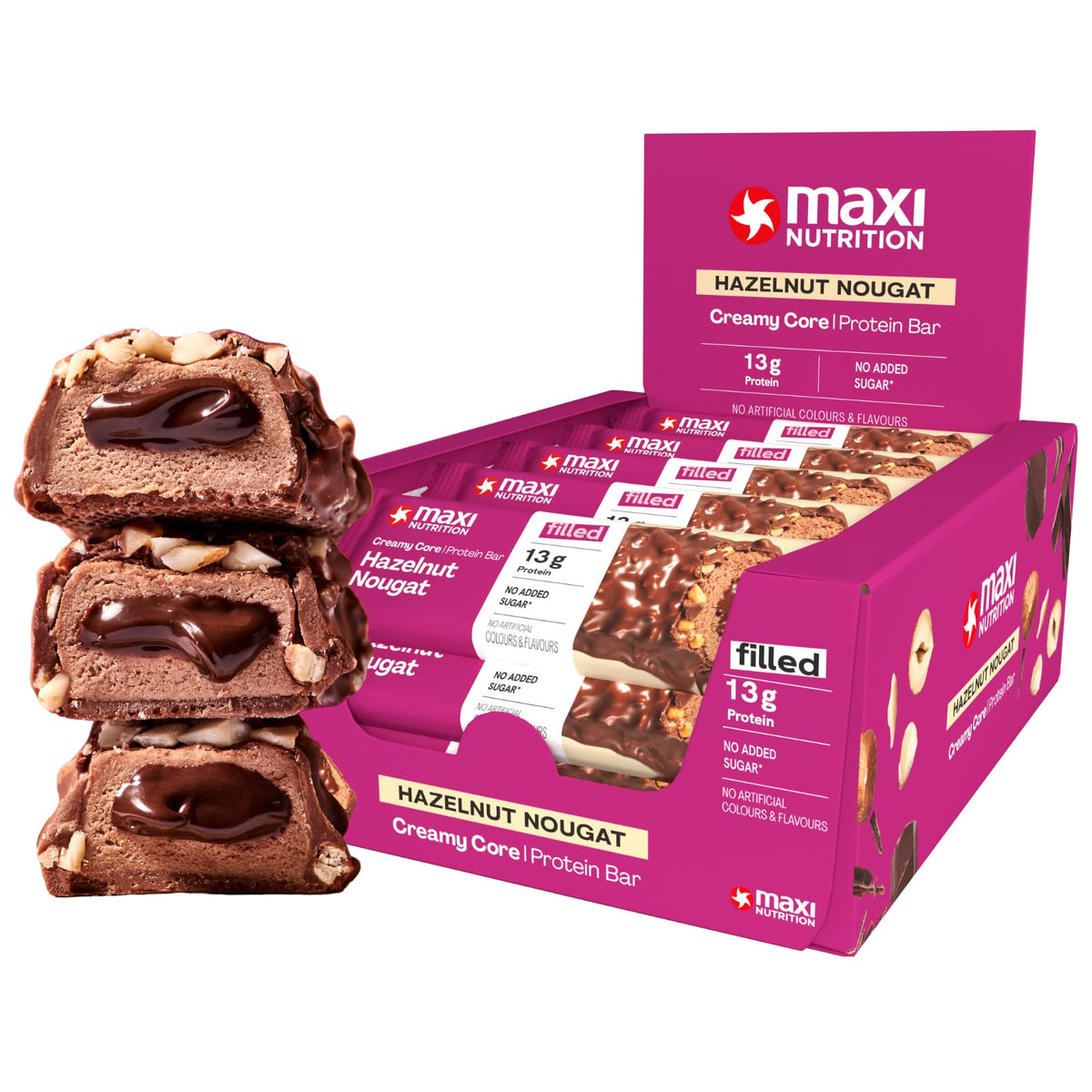 MaxiNutrition Creamy Core Protein Bar - High Protein Snack - Fat-Free, Low in Sugar - 14g Protein - Hazelnut Nougat, 200 kcal per Serving, 12 x 45g - New - BBE 08/2026