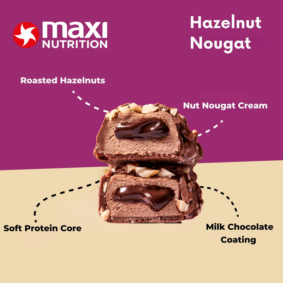 MaxiNutrition Creamy Core Protein Bar - High Protein Snack - Fat-Free, Low in Sugar - 14g Protein - Hazelnut Nougat, 200 kcal per Serving, 12 x 45g - New - BBE 08/2026