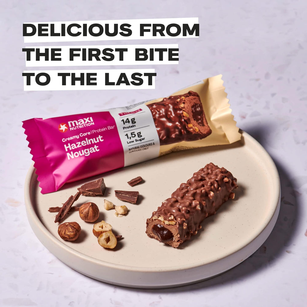 MaxiNutrition Creamy Core Protein Bar - High Protein Snack - Fat-Free, Low in Sugar - 14g Protein - Hazelnut Nougat, 200 kcal per Serving, 12 x 45g - New - BBE 08/2026