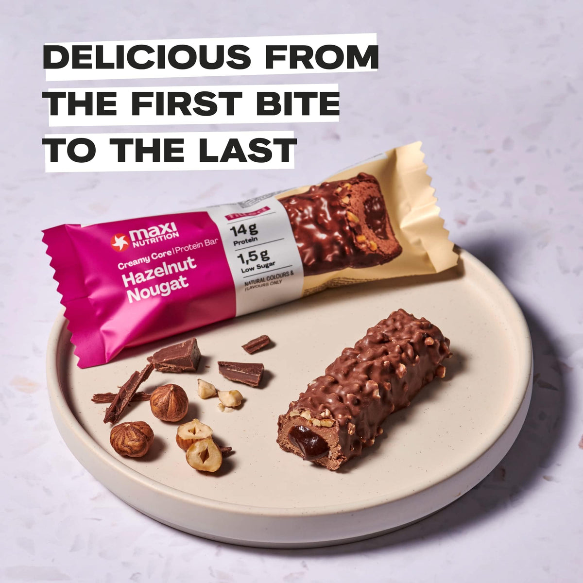 MaxiNutrition Creamy Core Protein Bar - High Protein Snack - Fat-Free, Low in Sugar - 14g Protein - Hazelnut Nougat, 200 kcal per Serving, 12 x 45g - New - BBE 08/2026